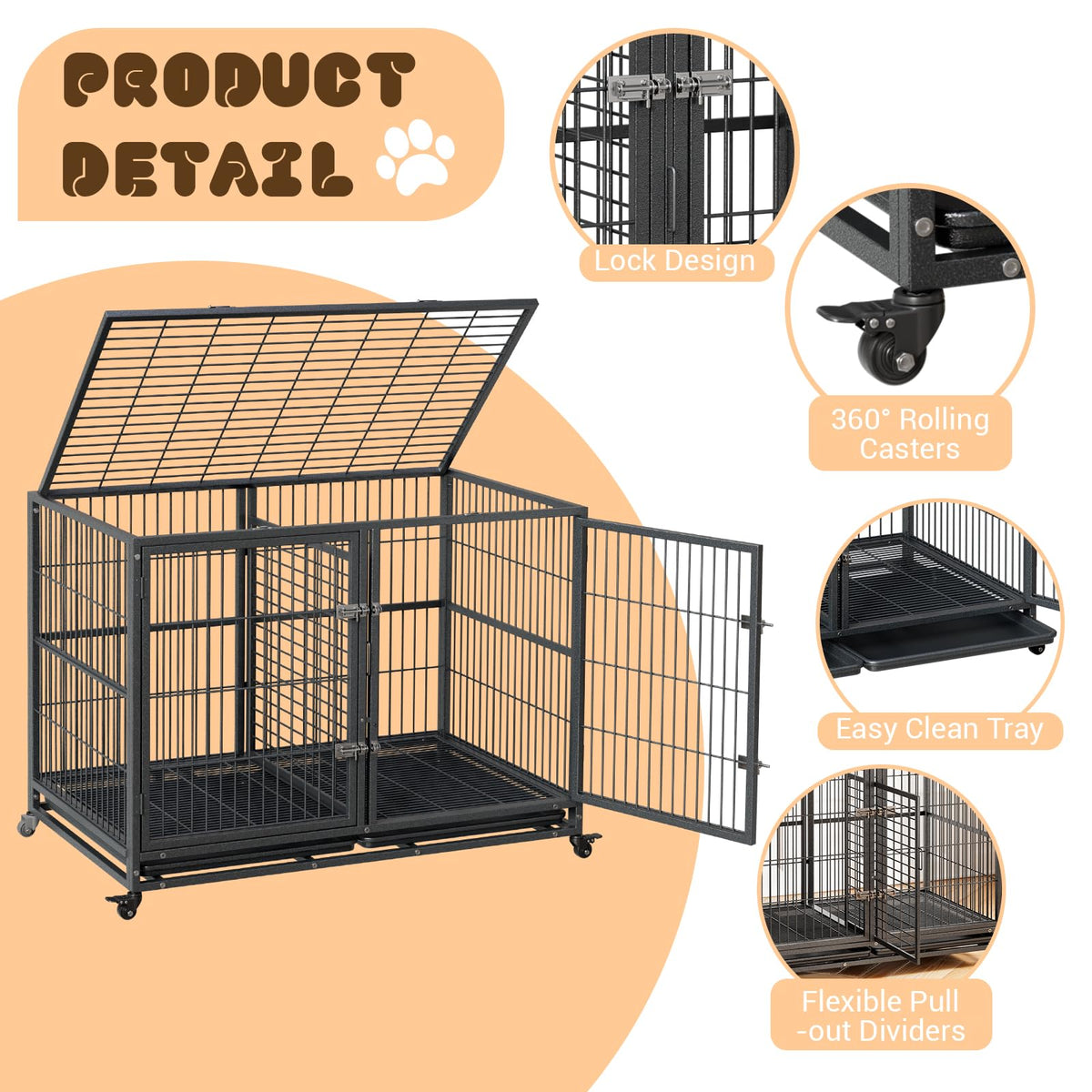 48 Inches Heavy Duty Metal Dog Crate with Divider and Wheels D978
