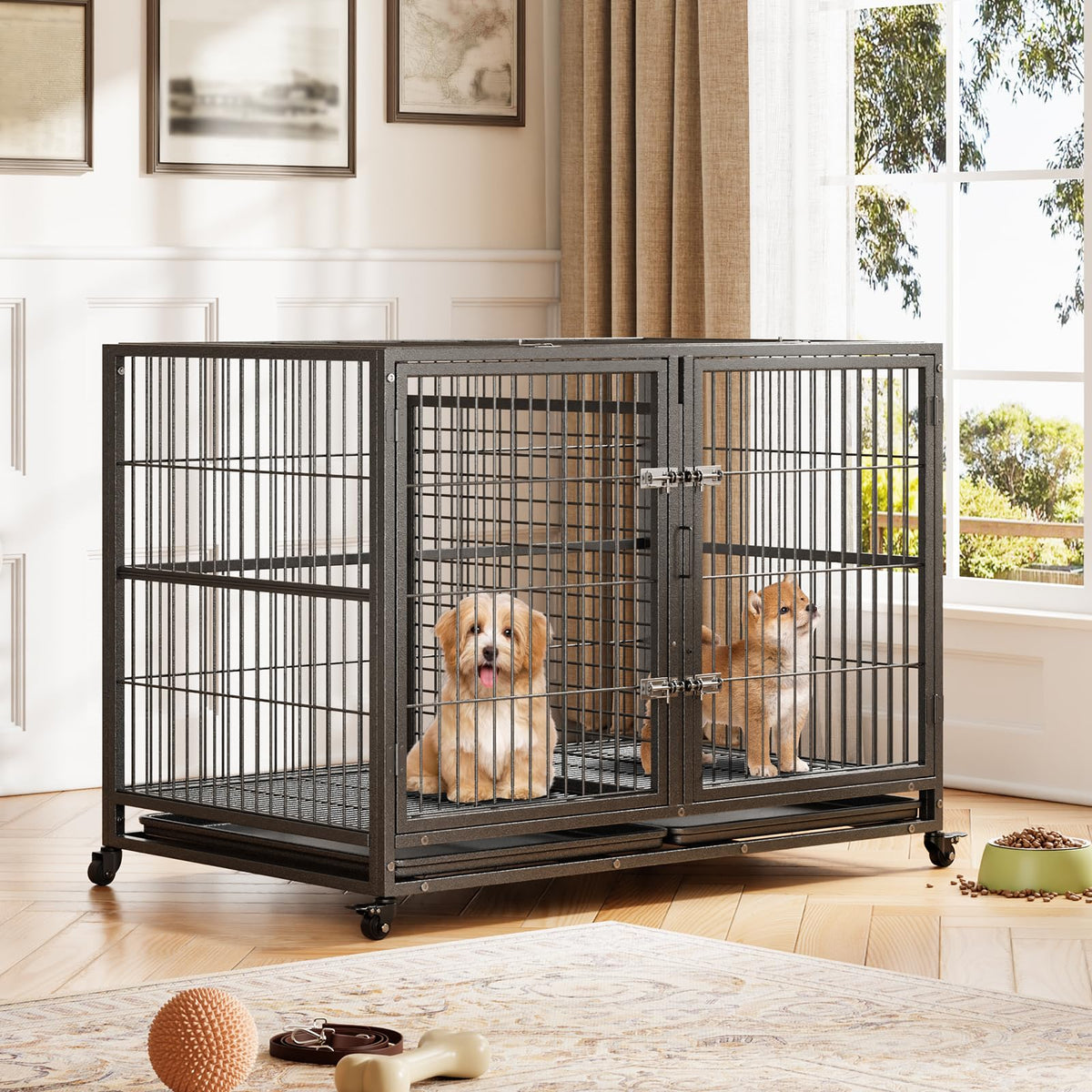 48 Inches Heavy Duty Metal Dog Crate with Divider and Wheels D978