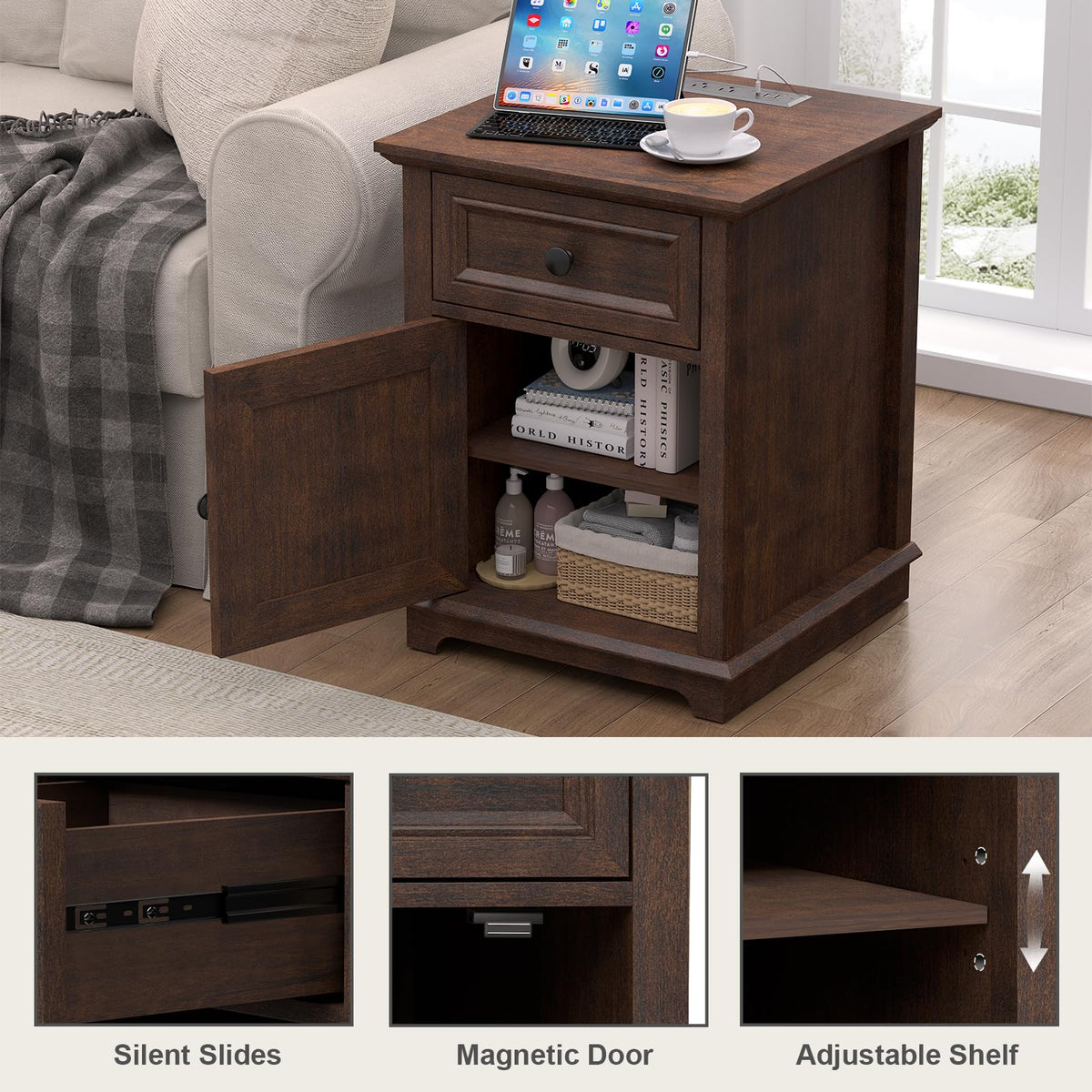 24" Tall End Table with Charging Station, Drawer & Storage Cabinet, Cherry X6522