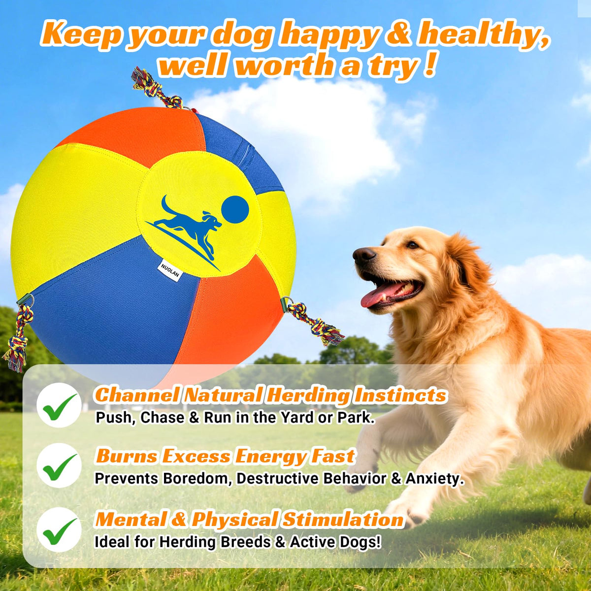 25" Heavy-Duty Herding Ball for Dogs with Knotted Ropes F76846