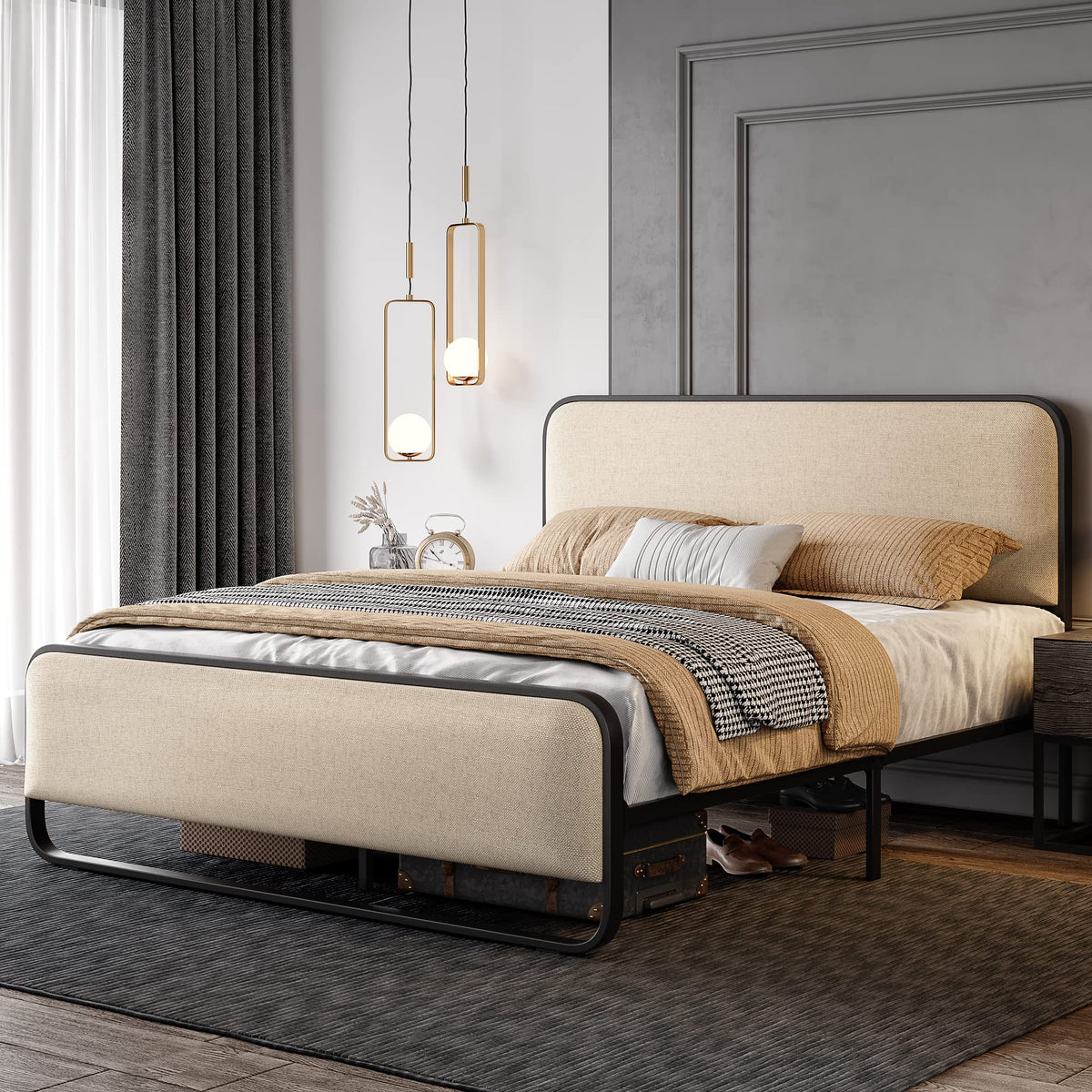 Full Size Metal Bed Frame with Upholstered Headboard K7942