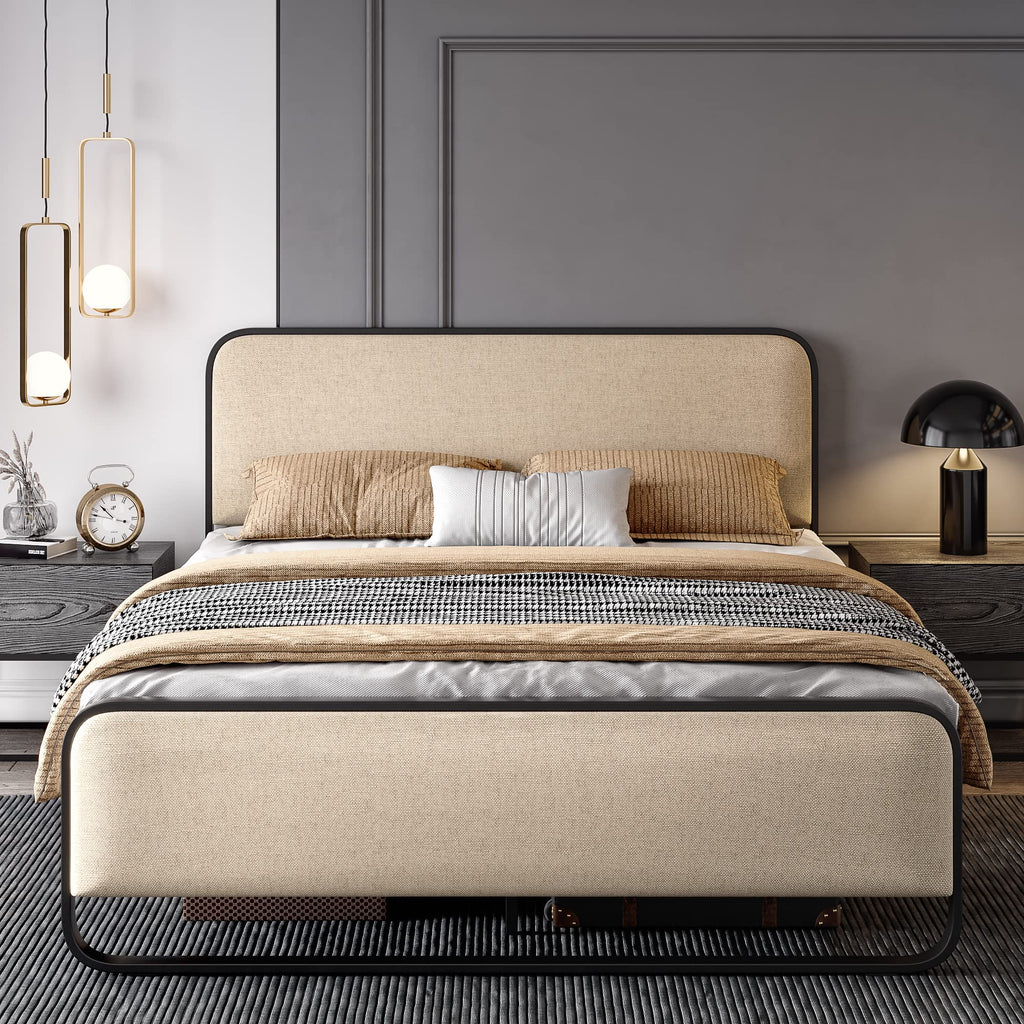 Full Size Metal Bed Frame with Upholstered Headboard K7942