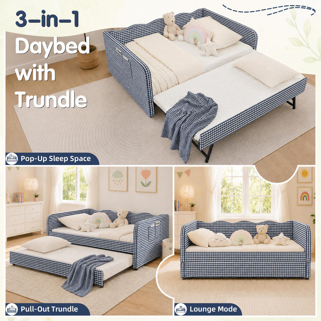 Blue Gingham Twin Daybed with Pop Up Trundle Q308359