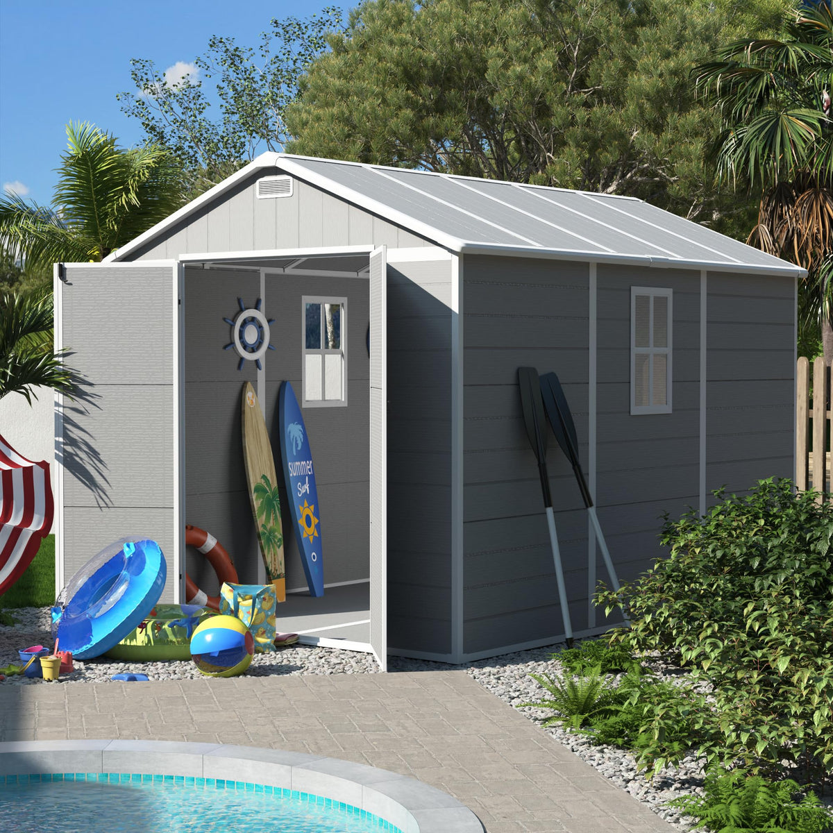 Plastic Storage Shed 7.5x10FT Grey White I912