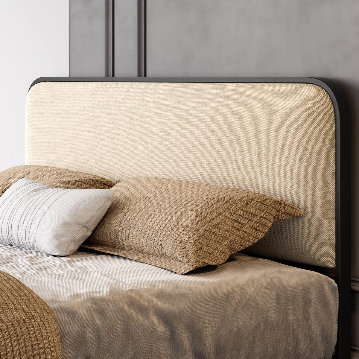 Full Size Metal Bed Frame with Upholstered Headboard K7942
